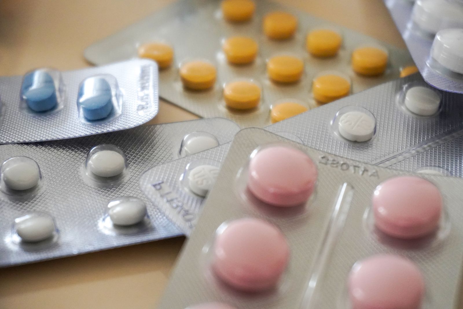 Assorted medication blister packs, the kind a course of antibiotics comes in