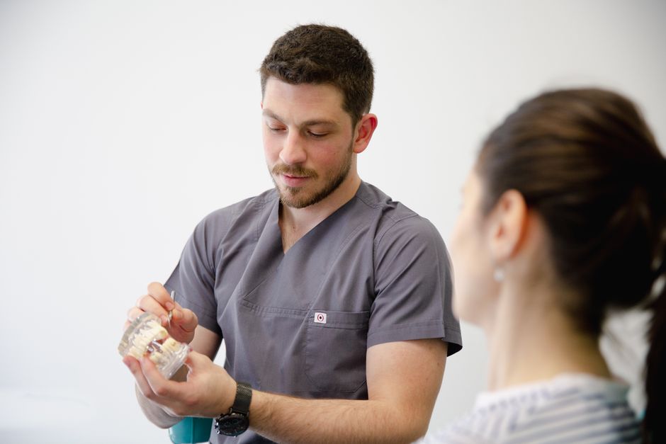 Dentist showing a dental model to a patient during a consultation
