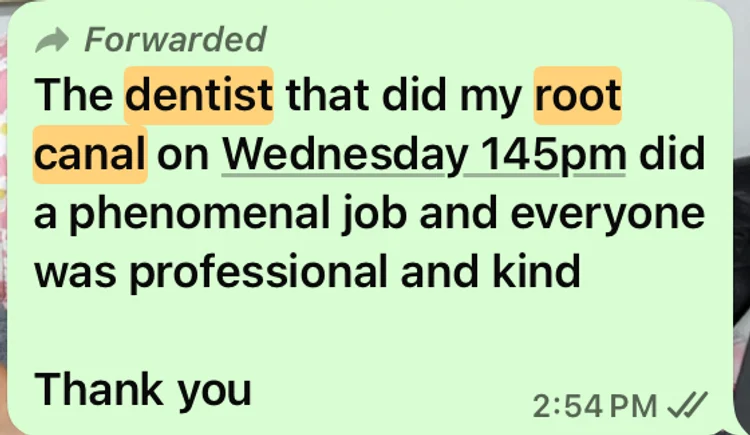 WhatsApp message: a patient thanking the clinic for their root canal treatment.